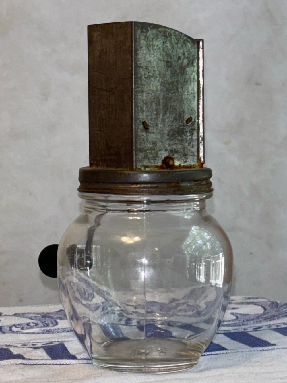 Vintage 1930s Uniform Nut Meat Chopper Hazel Atlas Glass Jar Hand Crank